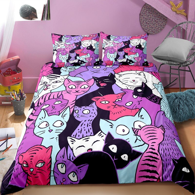 Cartoon Animals Cats Print Bedding Set Pillowcase 2/3 Piece Bed Linen Set Luxury Microfiber Duvet Cover Kids Bedroom Bedspread