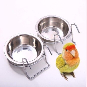 2pcs Birdcage Bird Feeder Birds Food Dish Parrot Water Bowls Stainless Steel Dishes Coop Cups with Wire Hook for Small Animal