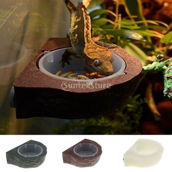 Reptile Feeder Food Holder Cup Gecko Natural Rock Look Ledge -Magnet Decor