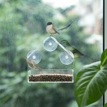 Transparent Window Viewing Bird Feeder Acrylic Parrot Feeding Tray House Shape Water Fountain Suction Cup Bird Food Container